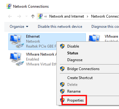 Find local area connection or wireless connection and select properties